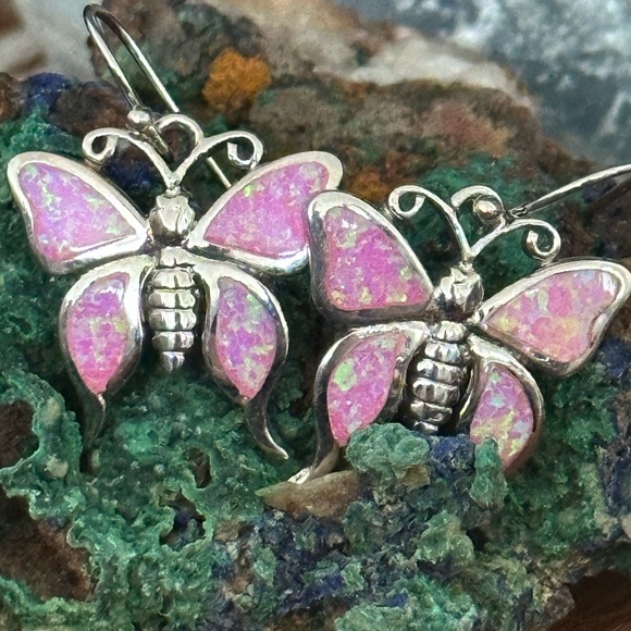 Pink opal inlay butterfly sterling silver earrings